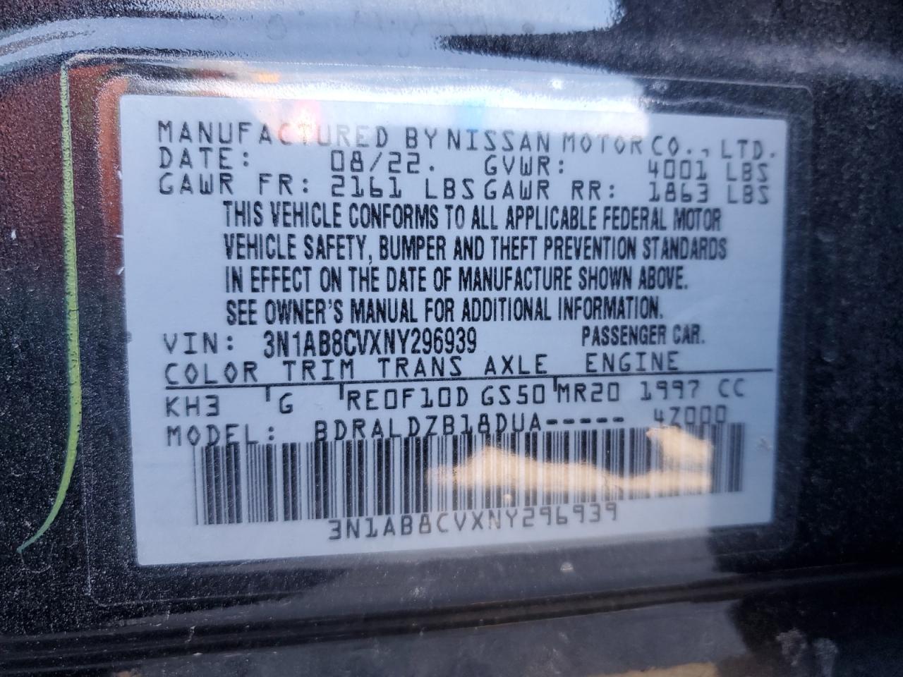 2022 NISSAN SENTRA SV VIN:3N1AB8CVXNY296939