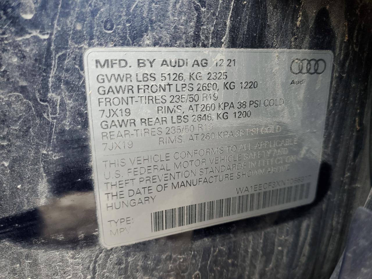 2022 AUDI Q3 PREMIUM PLUS S LINE 45 VIN:WA1EECF3XN1066917