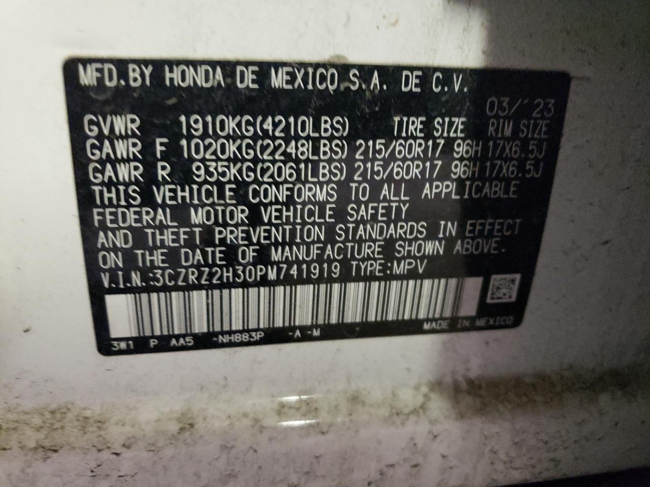 2023 HONDA HR-V LX VIN:3CZRZ2H30PM741919