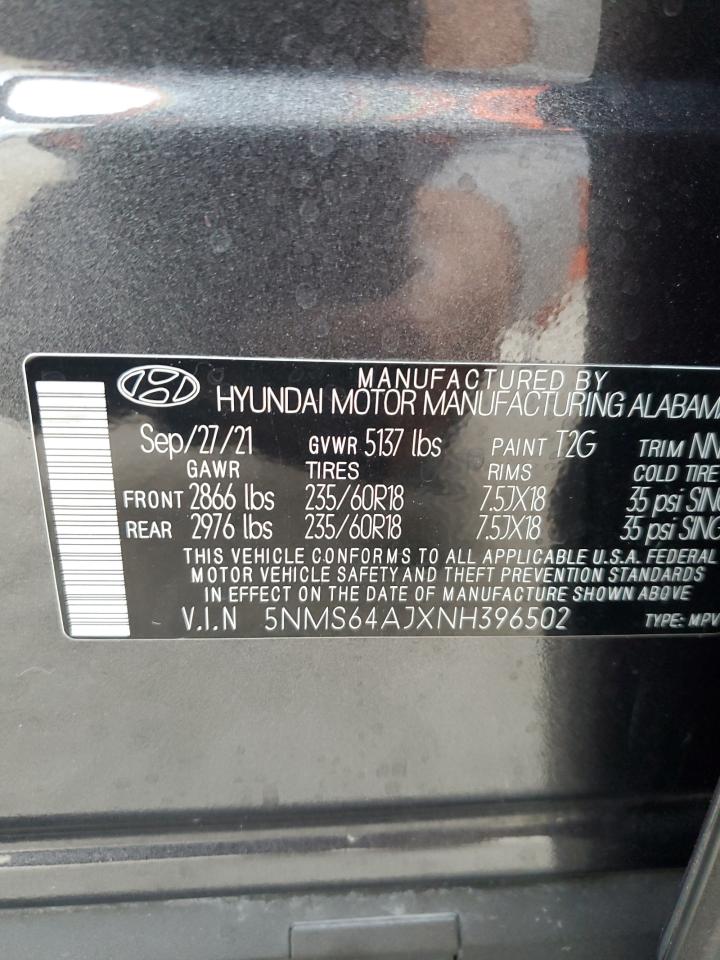 2022 HYUNDAI SANTA FE SEL VIN:5NMS64AJXNH396502