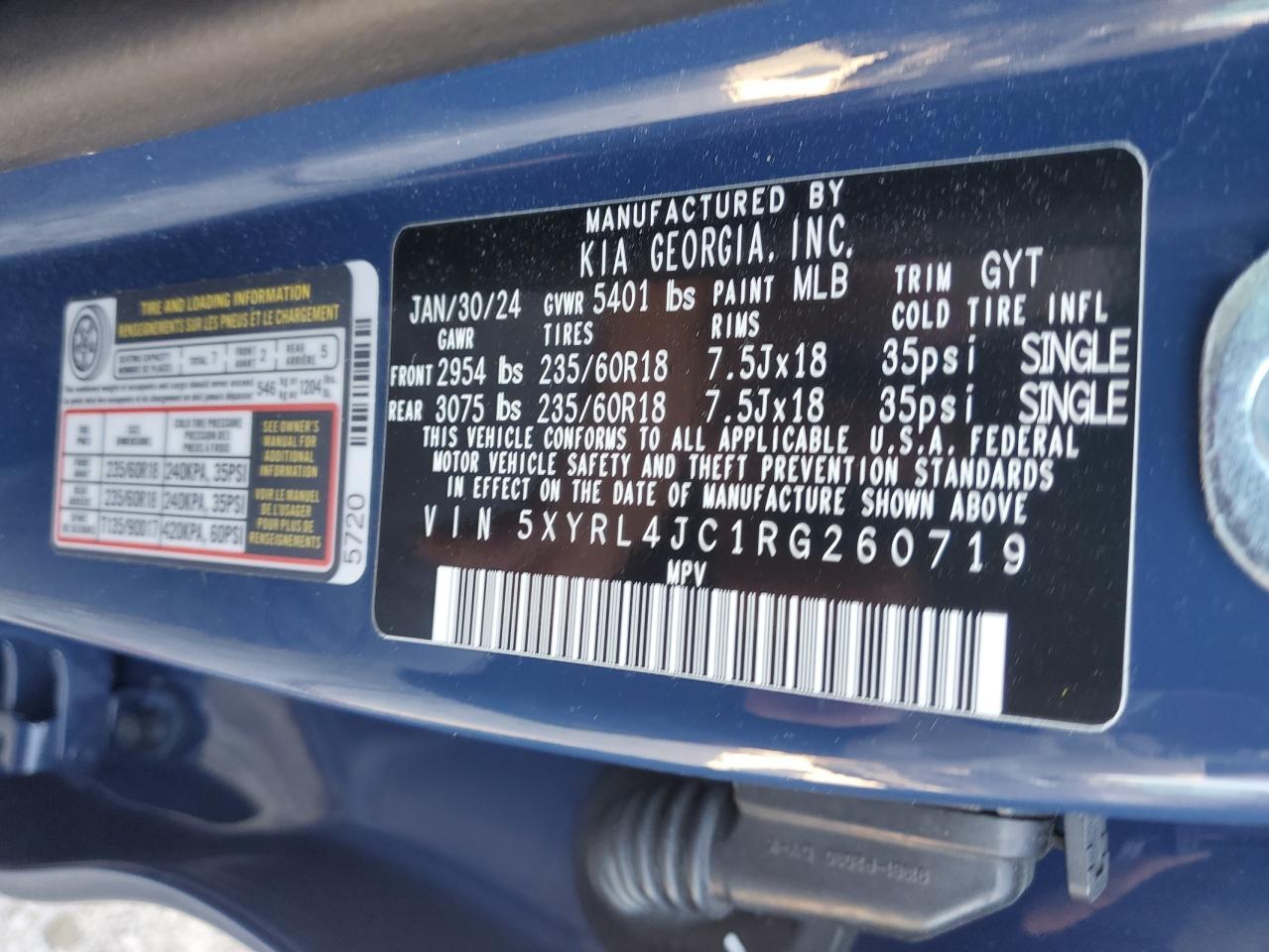 2024 KIA SORENTO S VIN:5XYRL4JC1RG260719