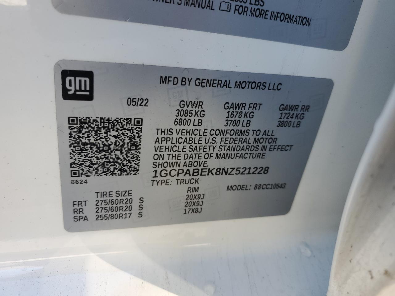 2022 CHEVROLET SILVERADO C1500 CUSTOM VIN:1GCPABEK8NZ521228