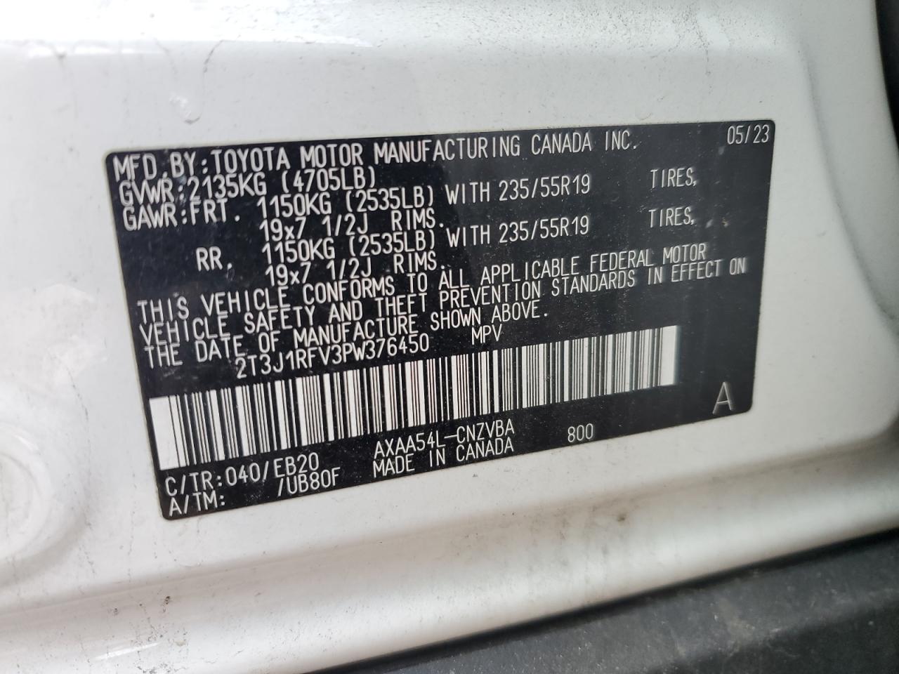2023 TOYOTA RAV4 ADVENTURE VIN:2T3J1RFV3PW376450