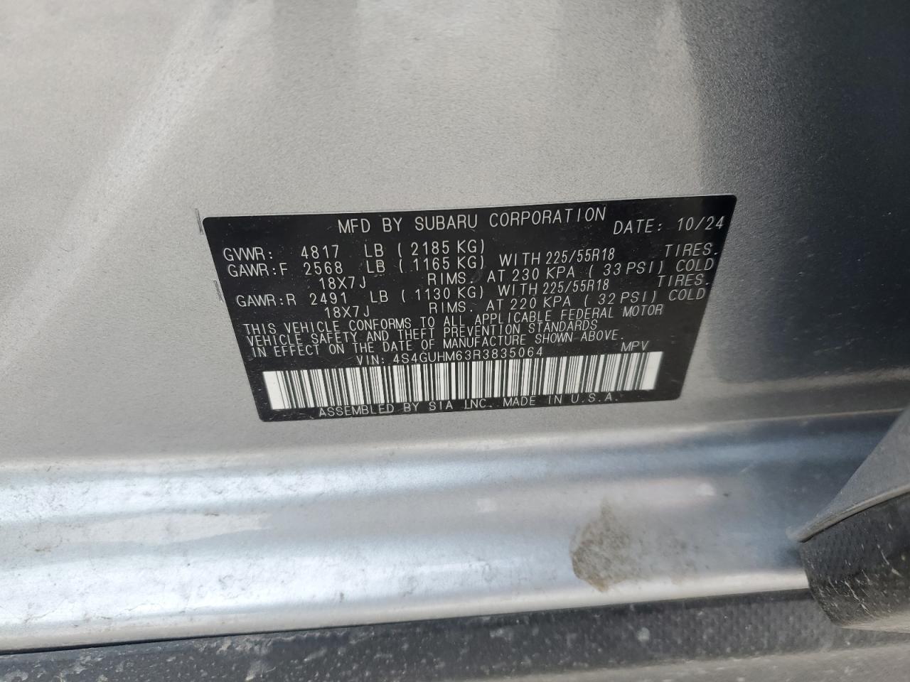 2024 SUBARU CROSSTREK LIMITED VIN:4S4GUHM63R3835064