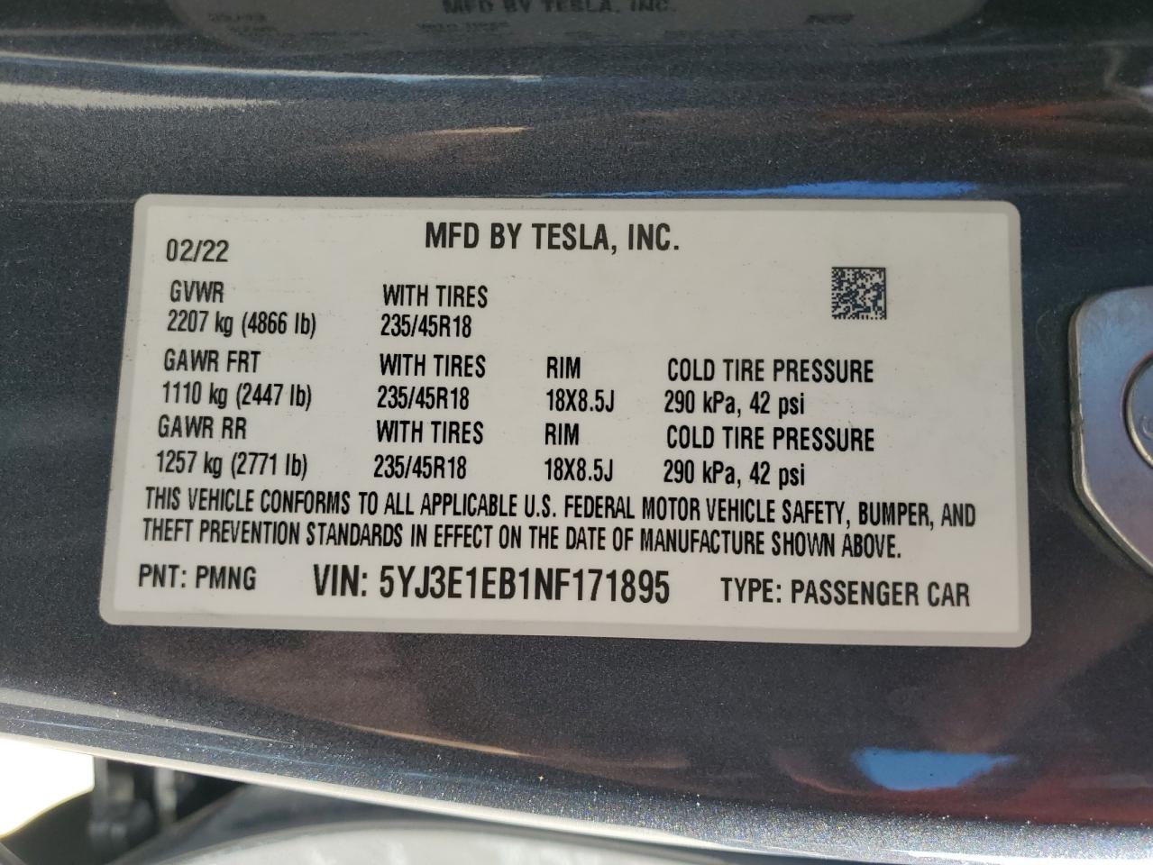 2022 TESLA MODEL 3  VIN:5YJ3E1EB1NF171895