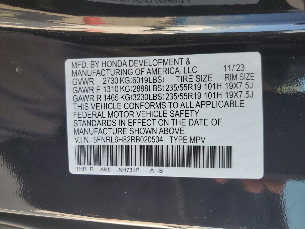 2024 HONDA ODYSSEY TOURING VIN:5FNRL6H82RB020504