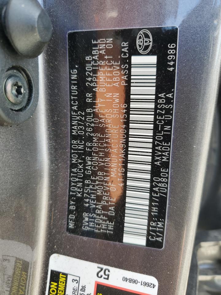 2022 TOYOTA CAMRY SE VIN:4T1G11AK9NU041546