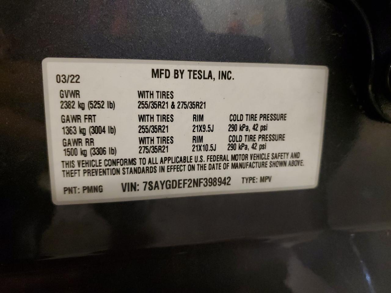 2022 TESLA MODEL Y  VIN:7SAYGDEF2NF398942
