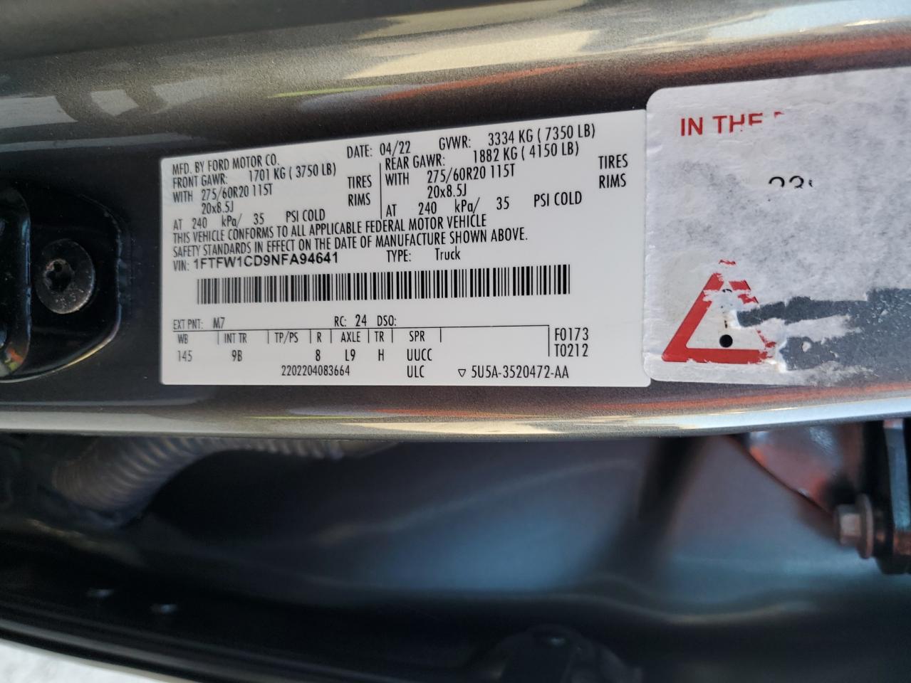 2022 FORD F150 SUPERCREW VIN:1FTFW1CD9NFA94641