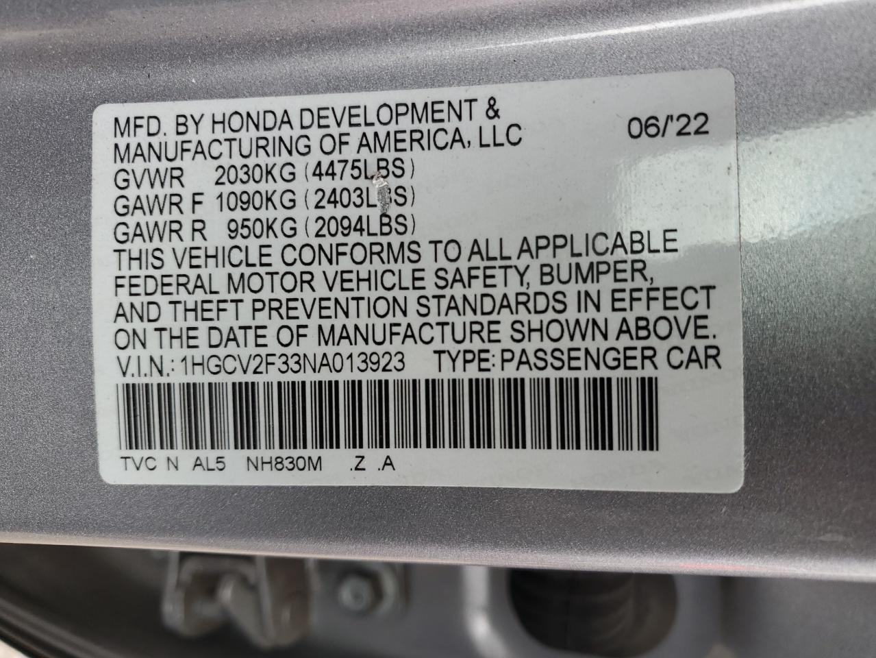 2022 HONDA ACCORD SPORT VIN:1HGCV2F33NA013923