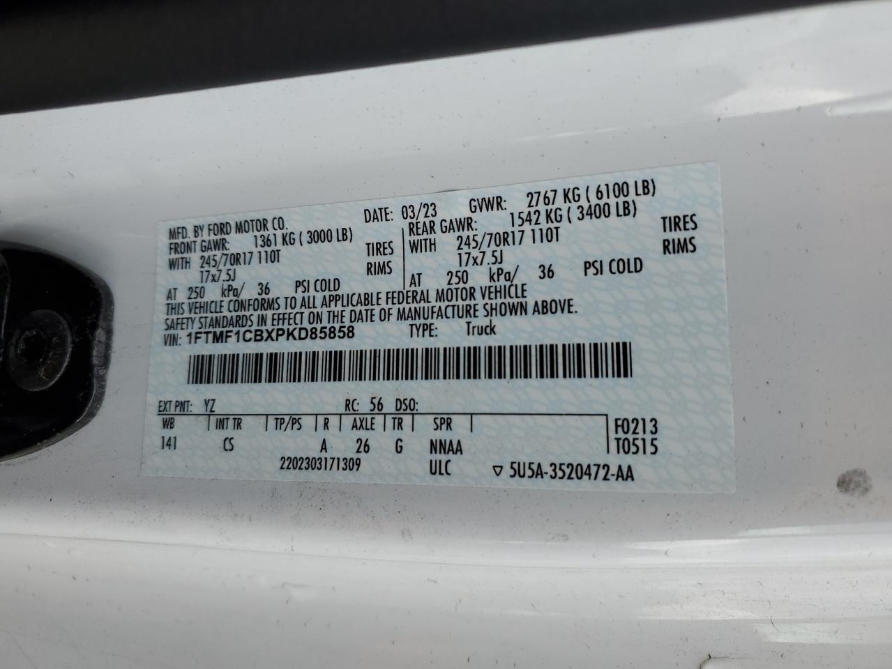 2023 FORD F150  VIN:1FTMF1CBXPKD85858