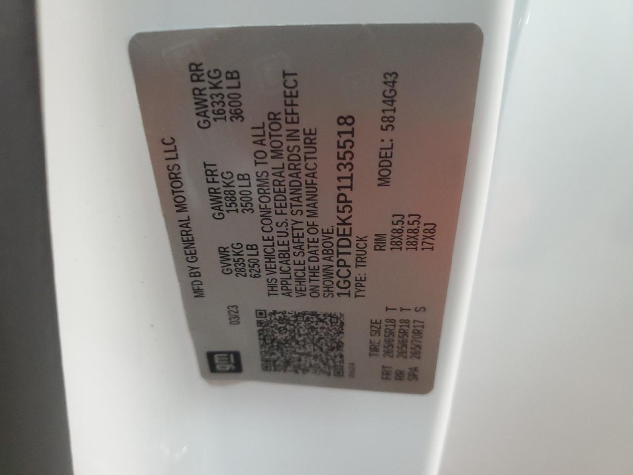 2023 CHEVROLET COLORADO Z71 VIN:1GCPTDEK5P1135518