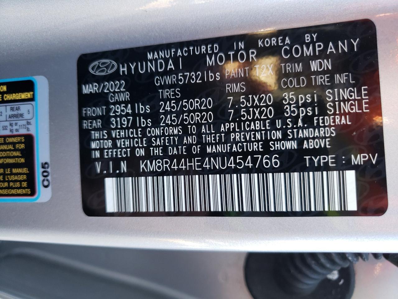 2022 HYUNDAI PALISADE SEL VIN:KM8R44HE4NU454766