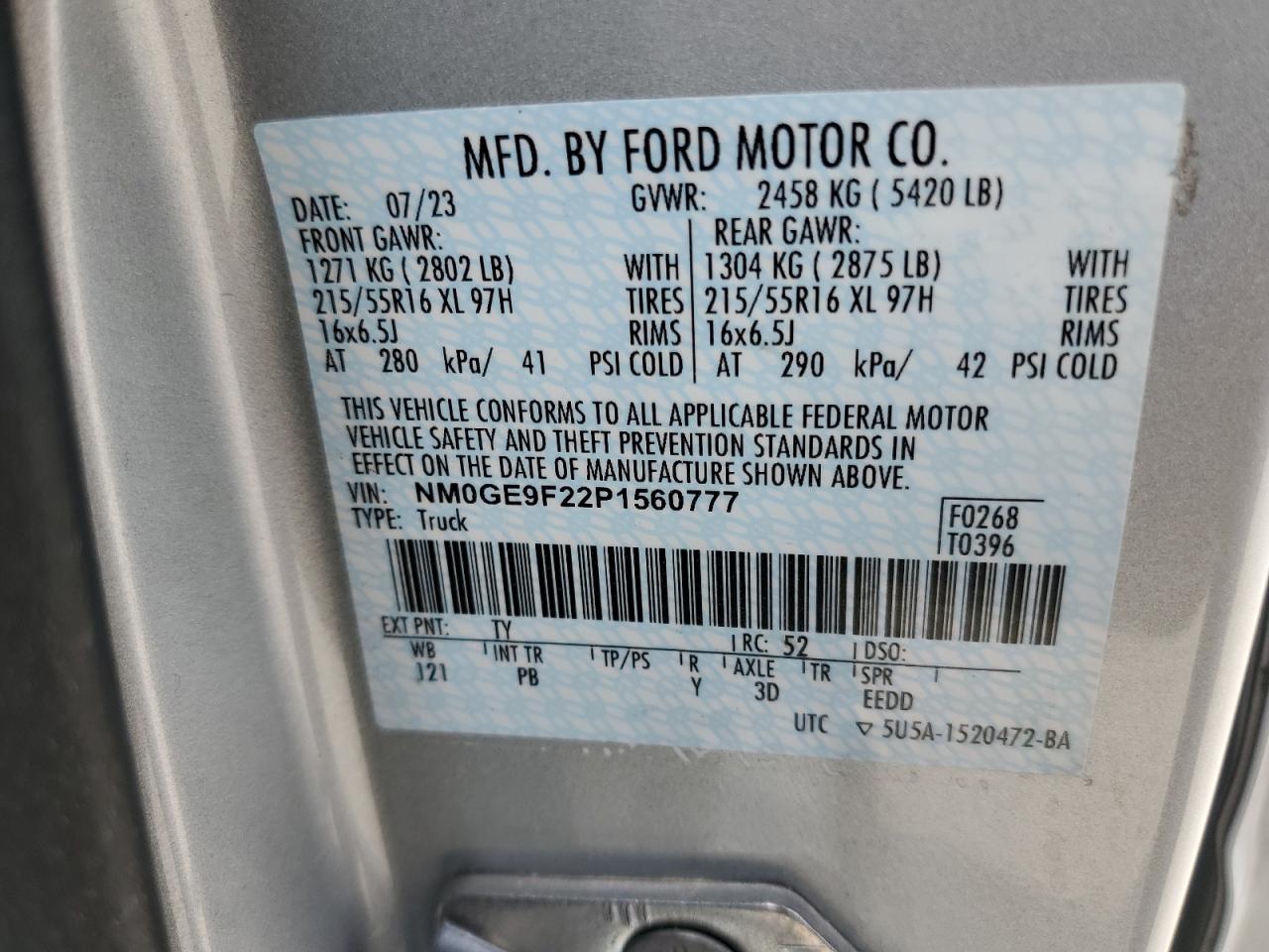 2023 FORD TRANSIT CONNECT XLT VIN:NM0GE9F22P1560777