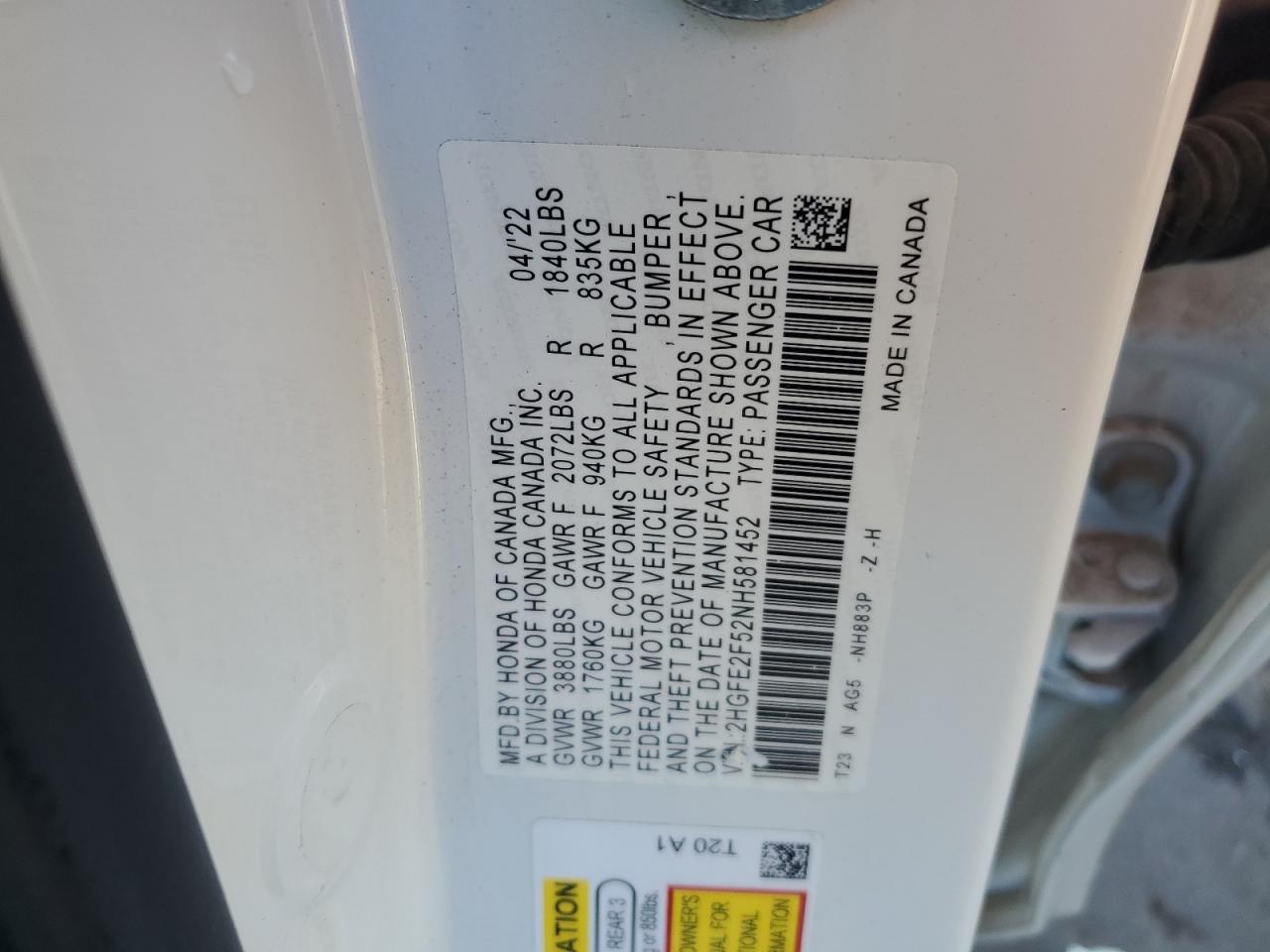 2022 HONDA CIVIC SPORT VIN:2HGFE2F52NH581452