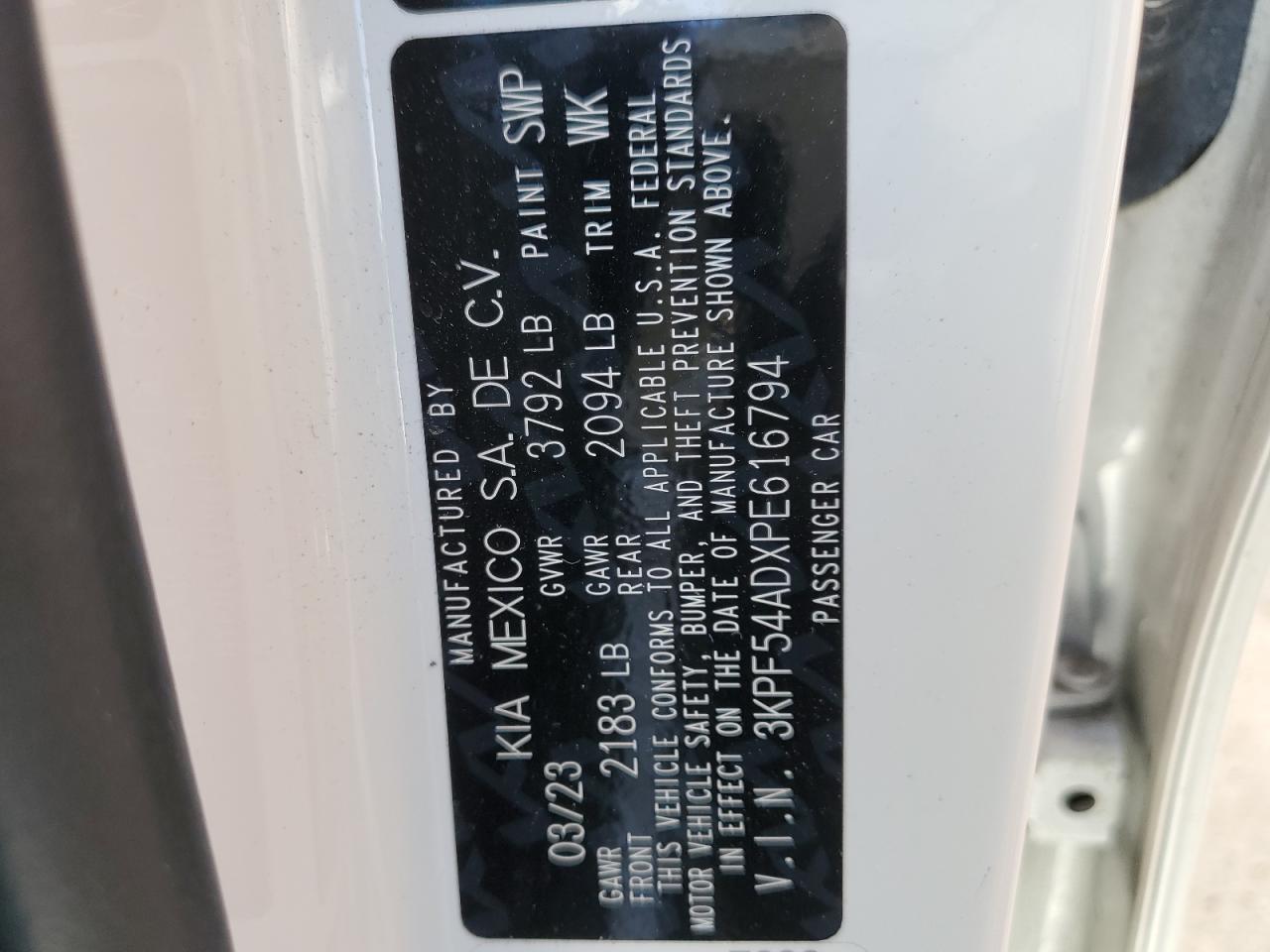 2023 KIA FORTE GT LINE VIN:3KPF54ADXPE616794
