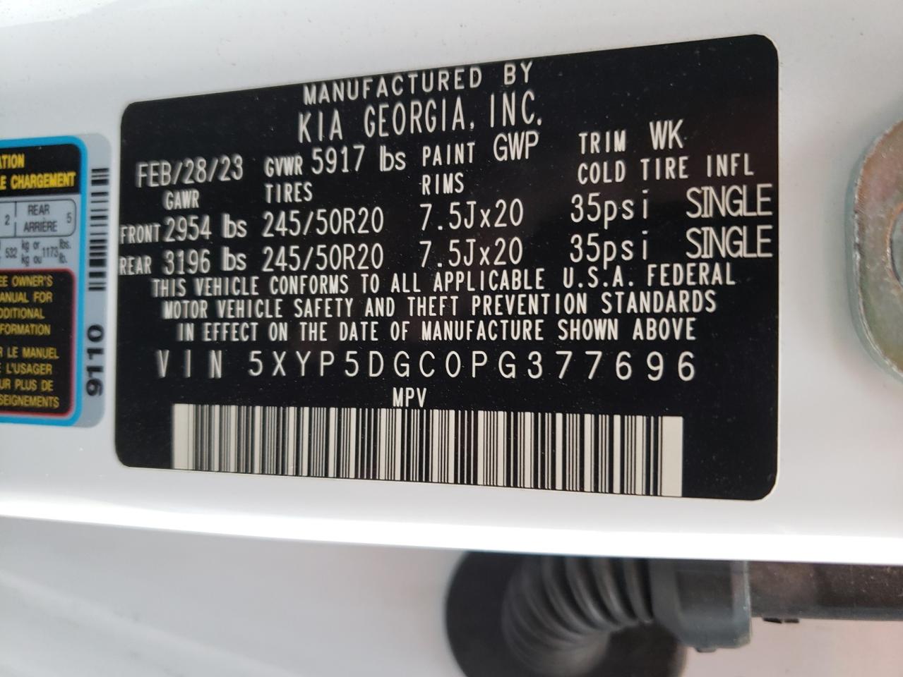 2023 KIA TELLURIDE SX VIN:5XYP5DGC0PG377696