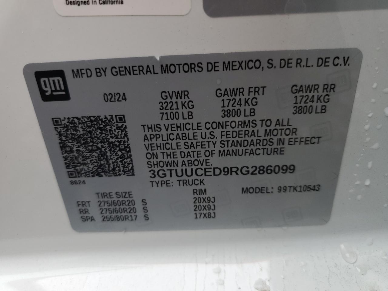 2024 GMC SIERRA K1500 ELEVATION VIN:3GTUUCED9RG286099