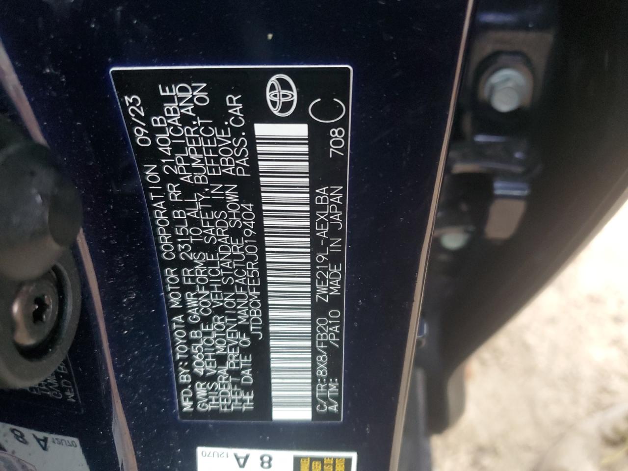 2024 TOYOTA COROLLA LE VIN:JTDBCMFE5RJ019404