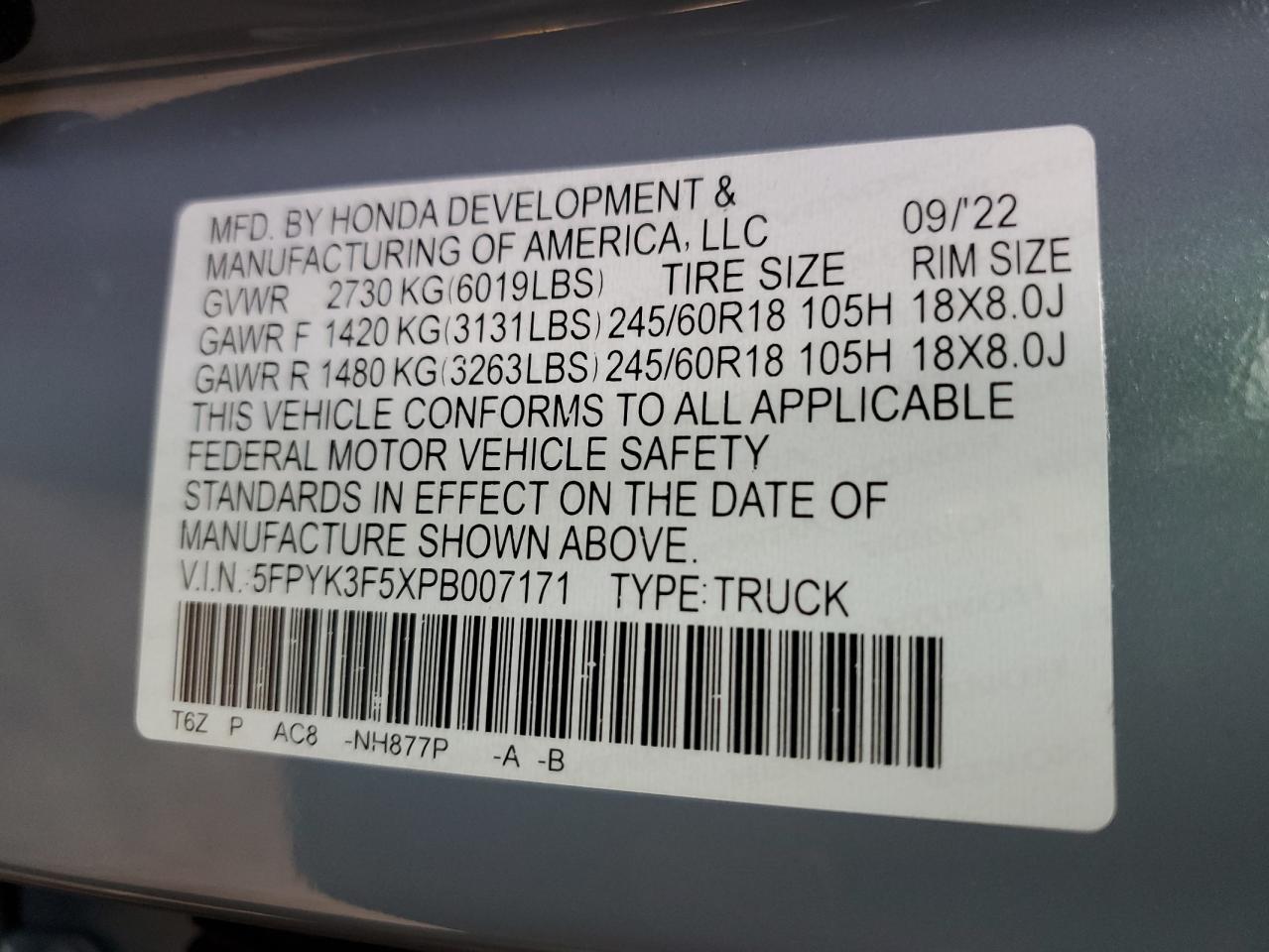 2023 HONDA RIDGELINE RTL VIN:5FPYK3F5XPB007171