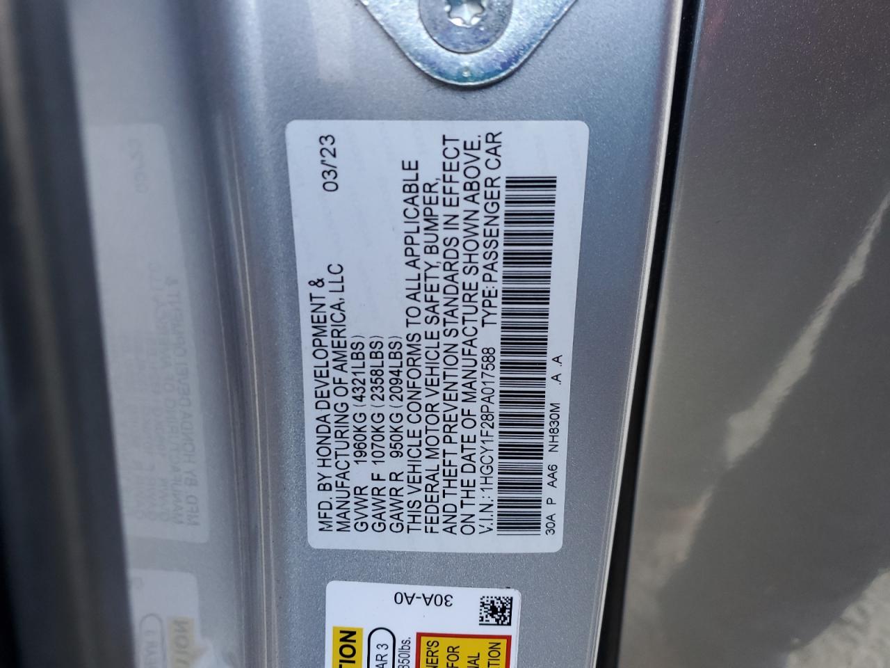 2023 HONDA ACCORD LX VIN:1HGCY1F28PA017588