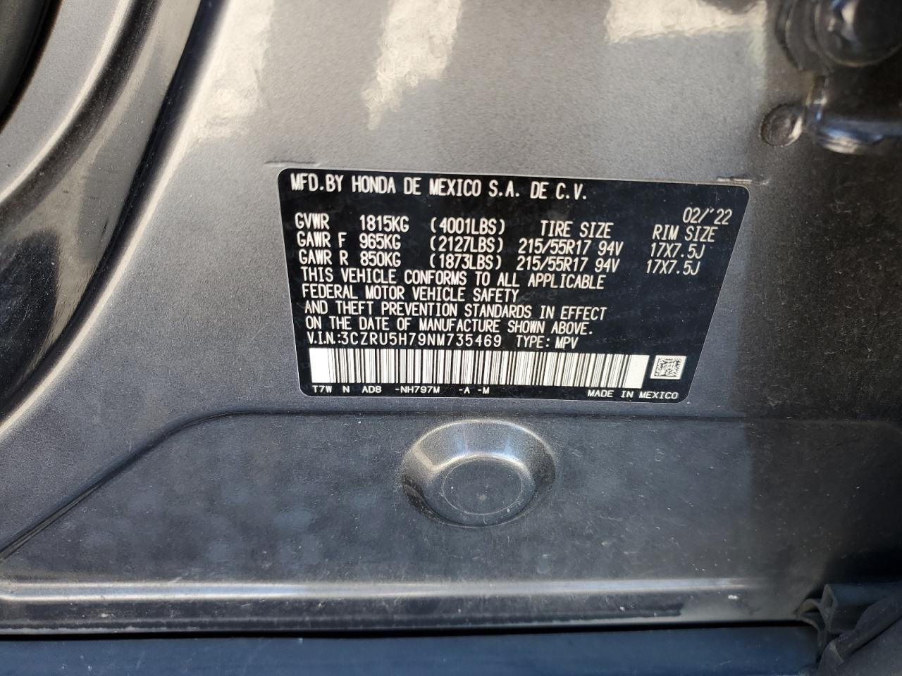 2022 HONDA HR-V EXL VIN:2T1KR32E54C252993