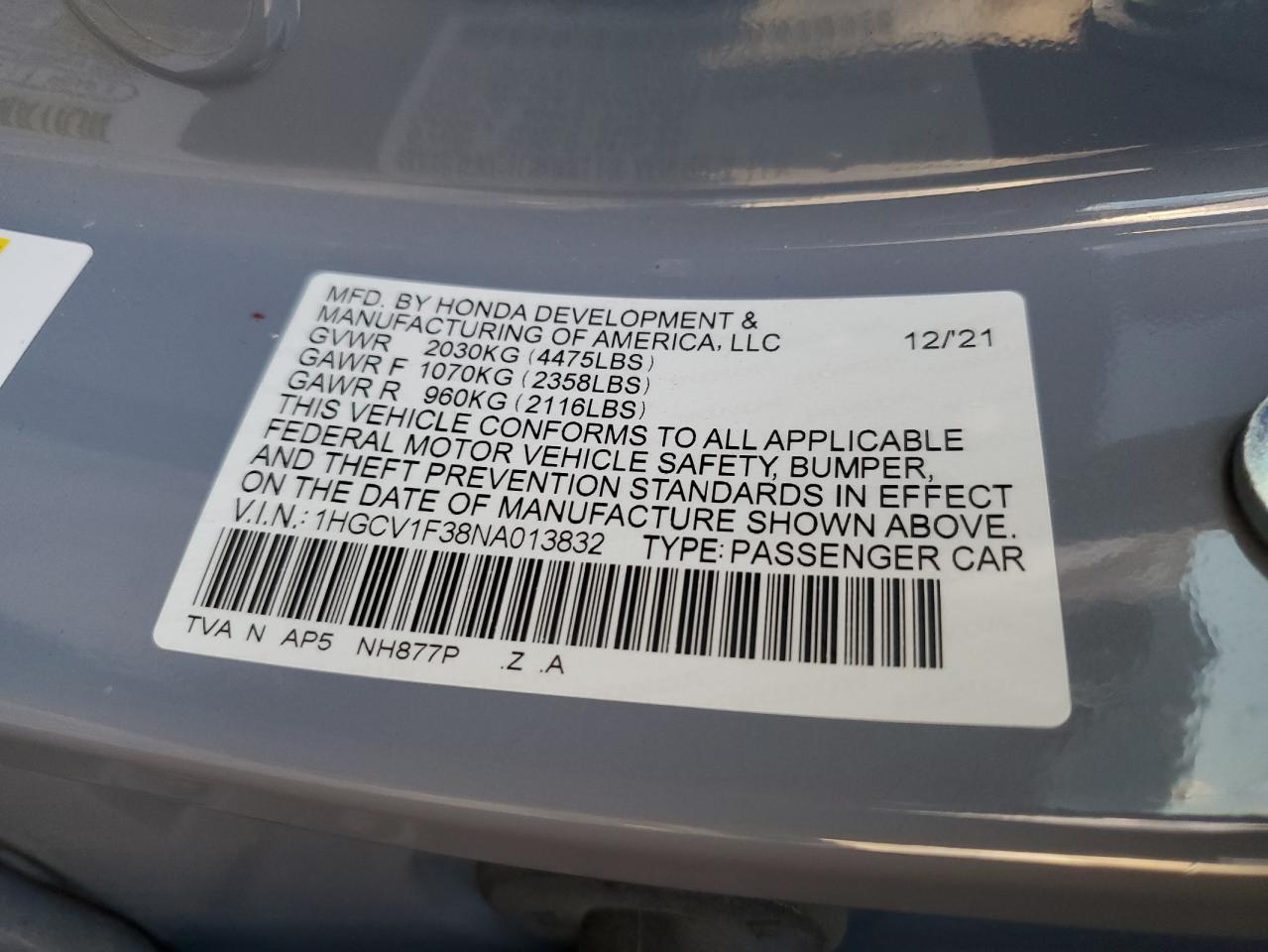 2022 HONDA ACCORD SPORT VIN:1HGCV1F38NA013832