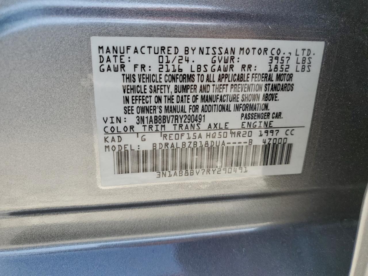 2024 NISSAN SENTRA S VIN:3N1AB8BV7RY290491