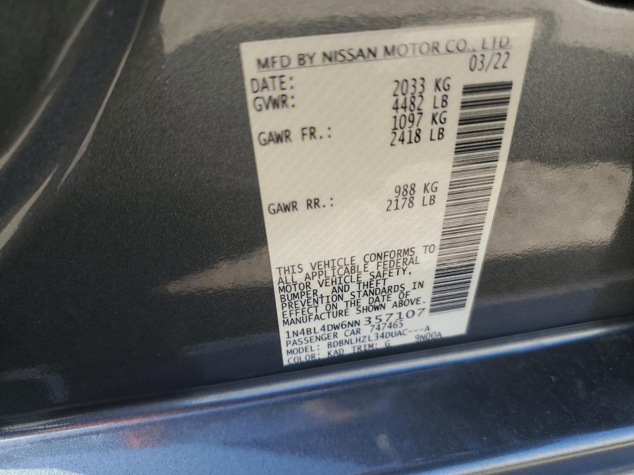 2022 NISSAN ALTIMA SV VIN:1N4BL4DW6NN357107