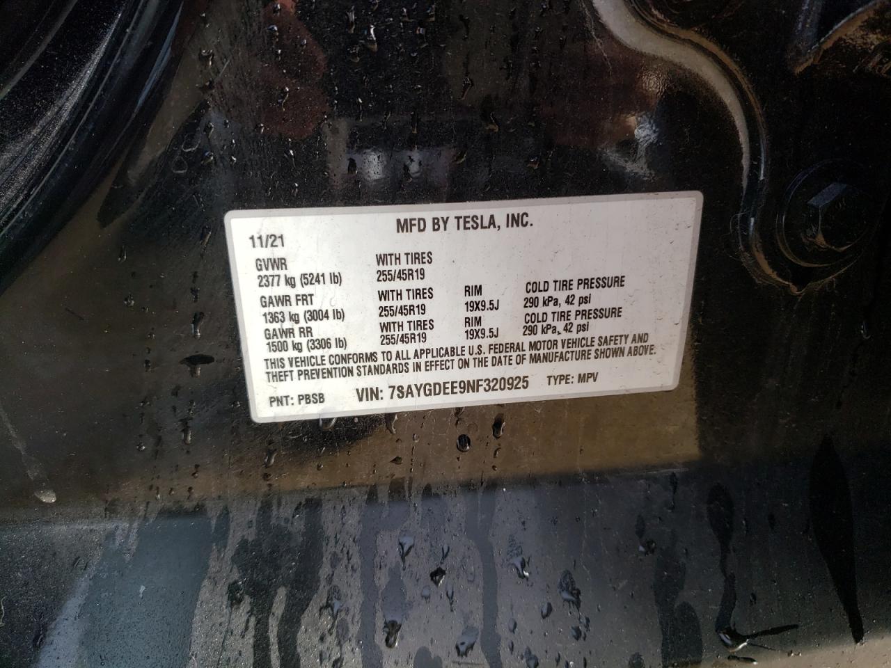 2022 TESLA MODEL Y  VIN:7SAYGDEE9NF320925