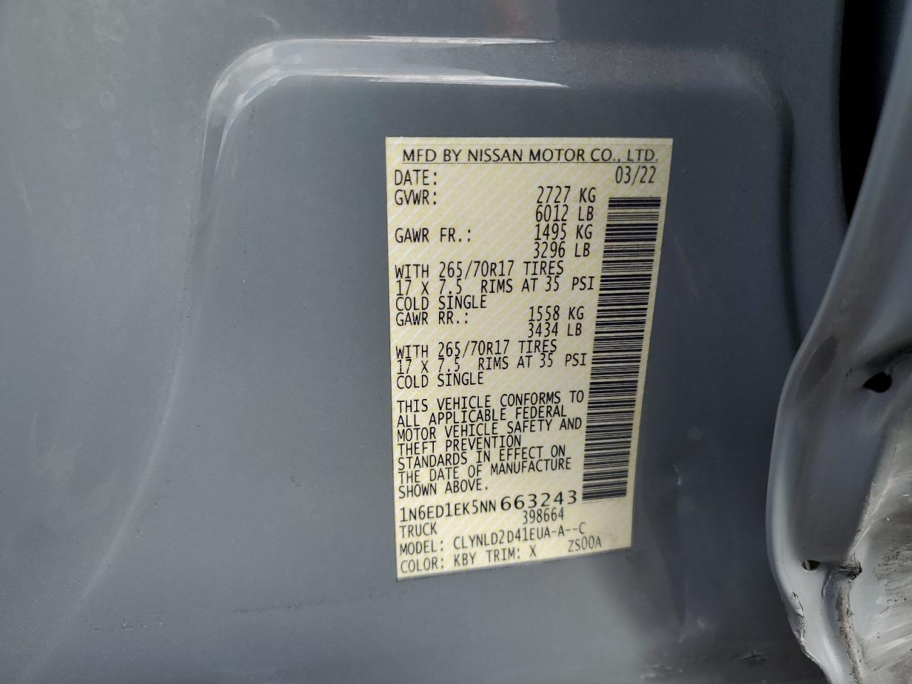 2022 NISSAN FRONTIER S VIN:1N6ED1EK5NN663243