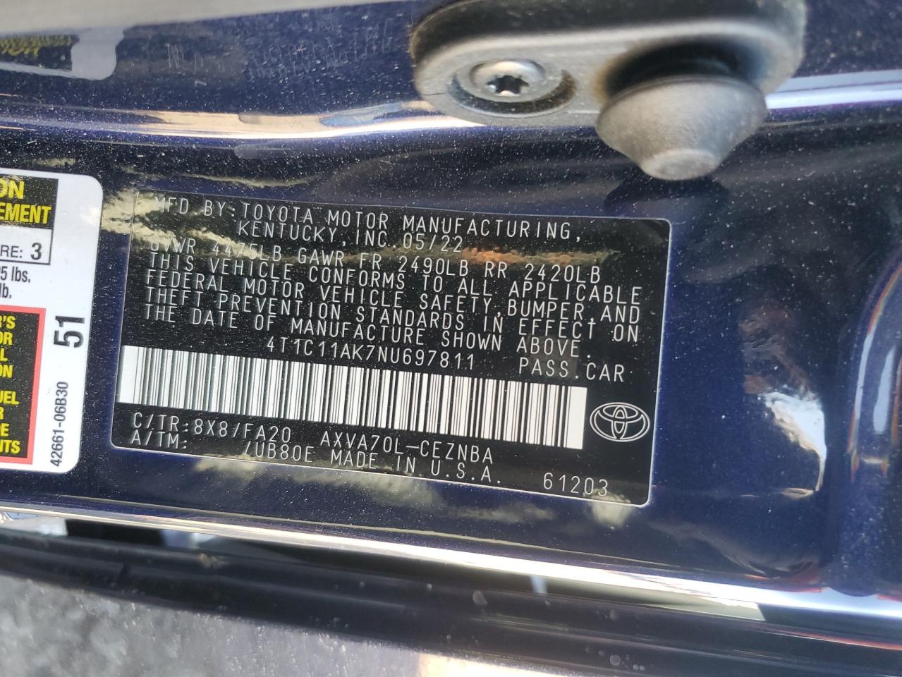 2022 TOYOTA CAMRY LE VIN:4T1C11AK7NU697811
