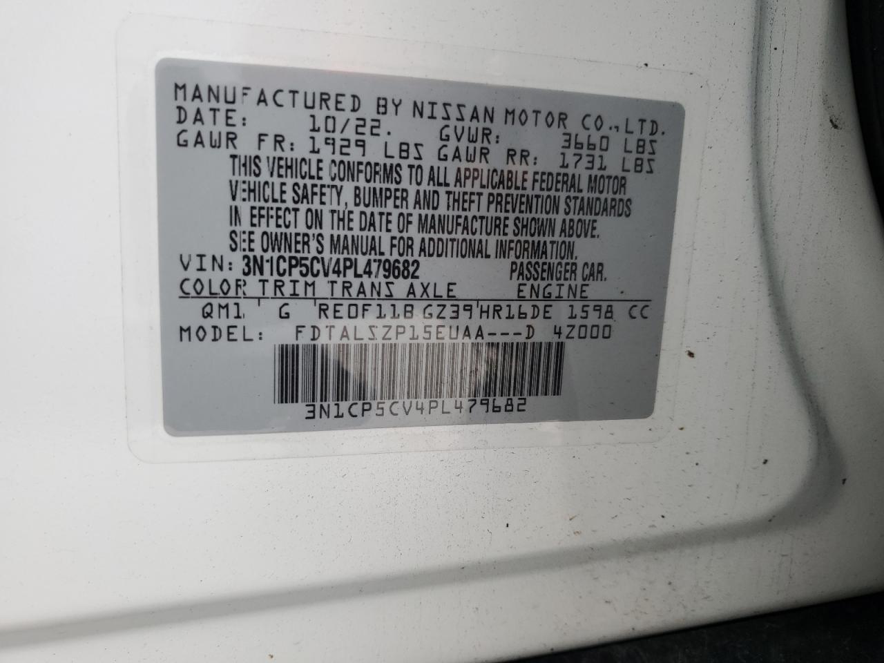 2023 NISSAN KICKS SV VIN:3N1CP5CV4PL479682