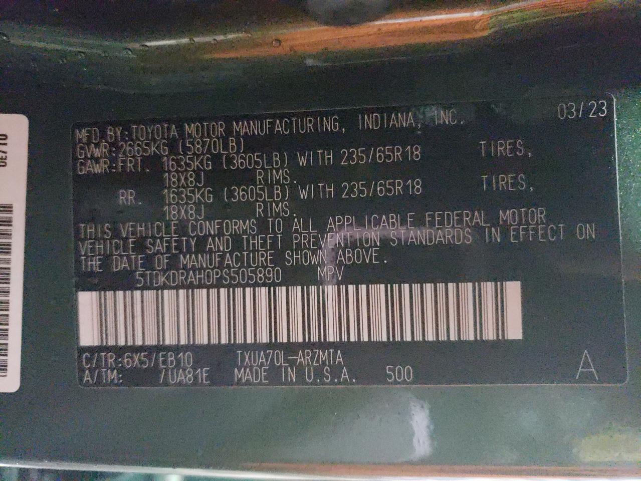 2023 TOYOTA HIGHLANDER L VIN:5TDKDRAH0PS505890