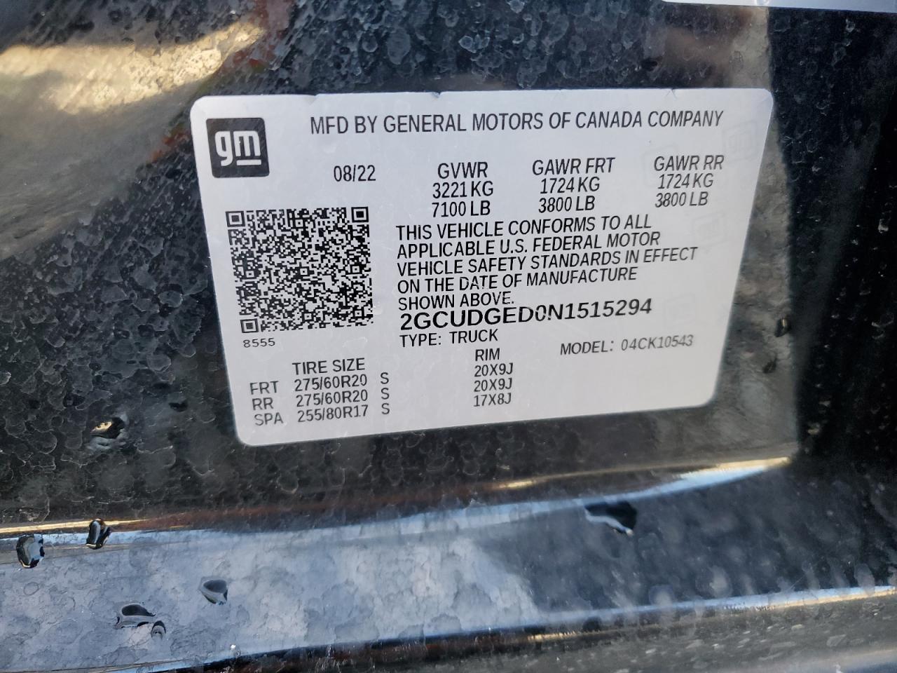 2022 CHEVROLET SILVERADO K1500 LTZ VIN:2GCUDGED0N1515294