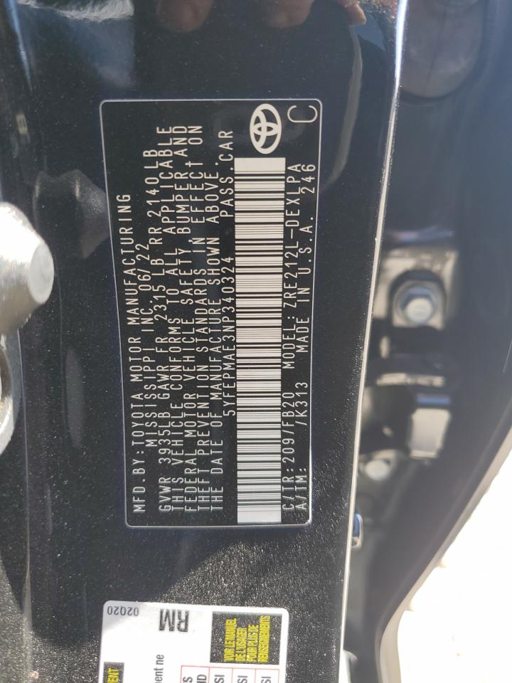 2022 TOYOTA COROLLA LE VIN:5YFEPMAE3NP340324