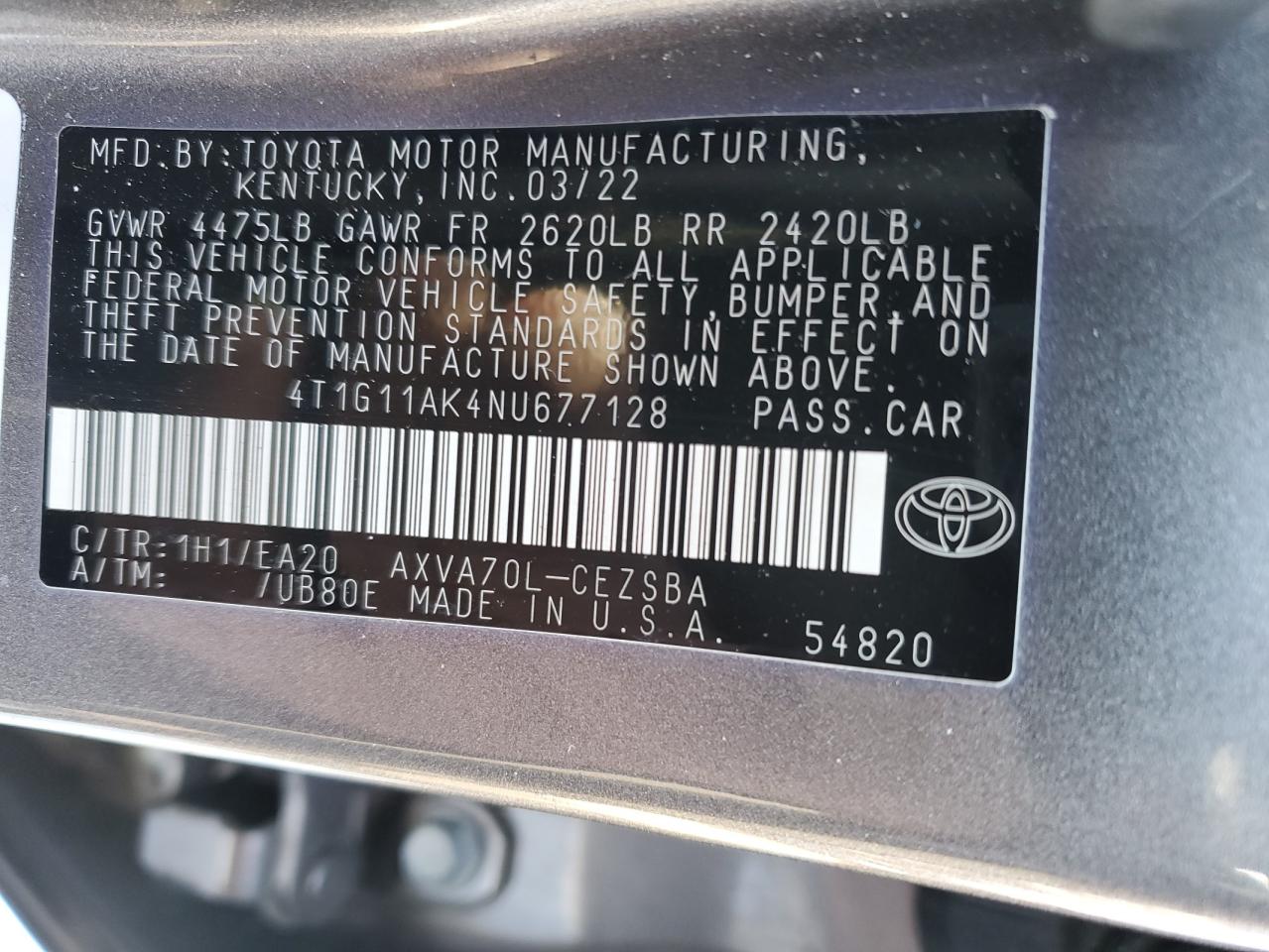 2022 TOYOTA CAMRY SE VIN:4T1G11AK4NU677128