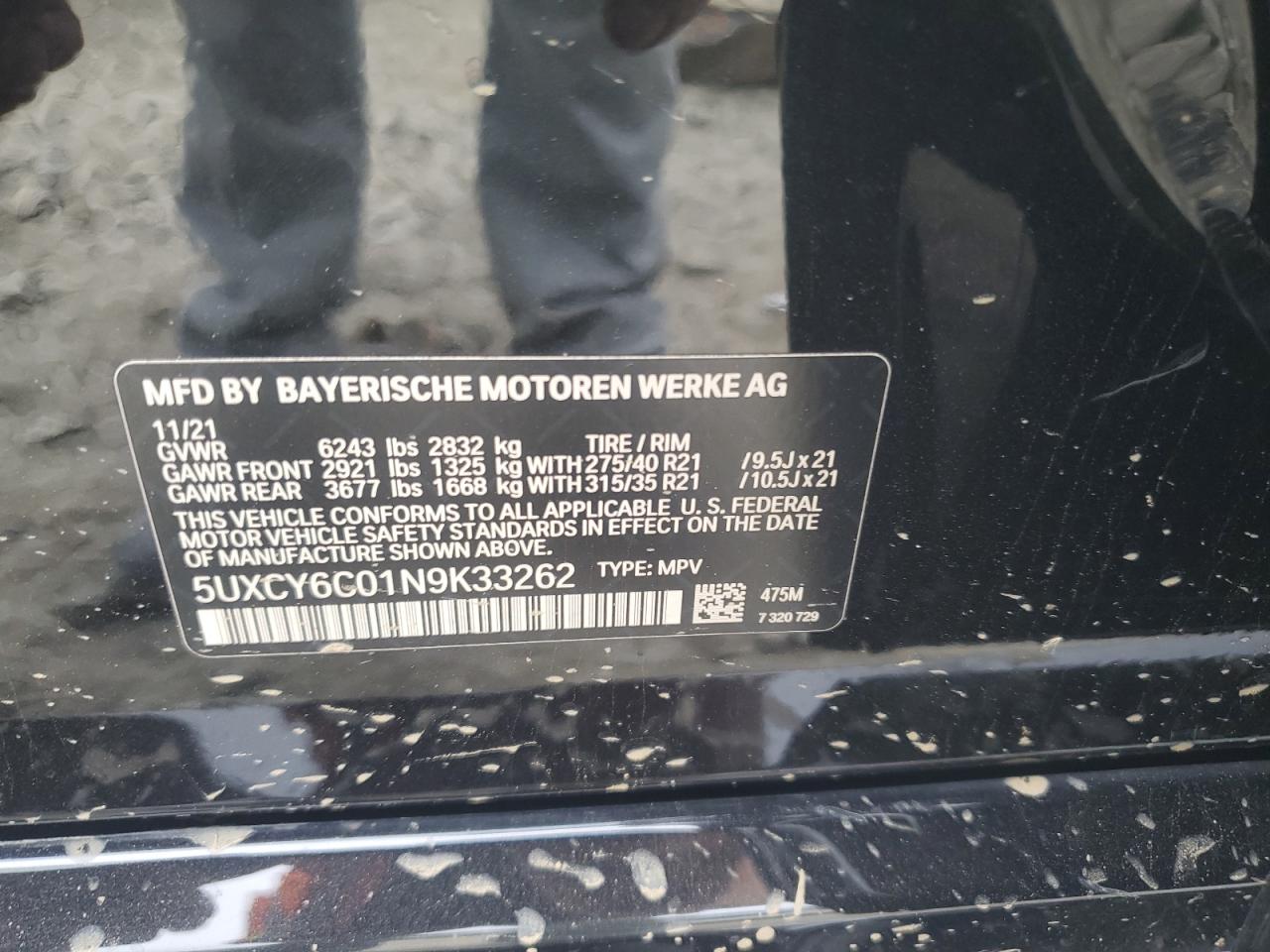 2022 BMW X6 XDRIVE40I VIN:5UXCY6C01N9K33262