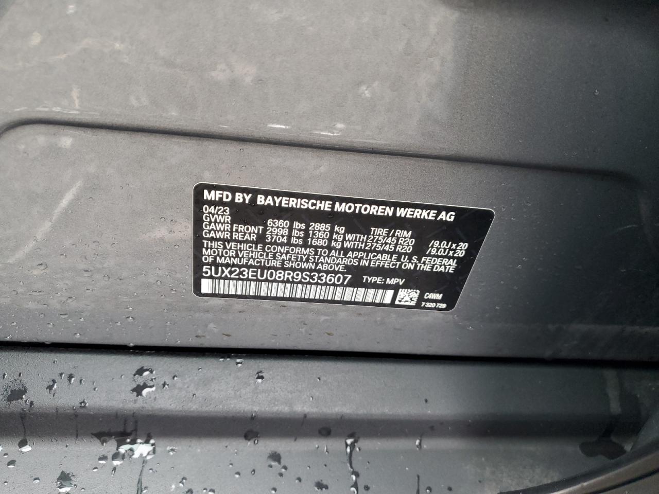 2024 BMW X5 XDRIVE40I VIN:5UX23EU08R9S33607