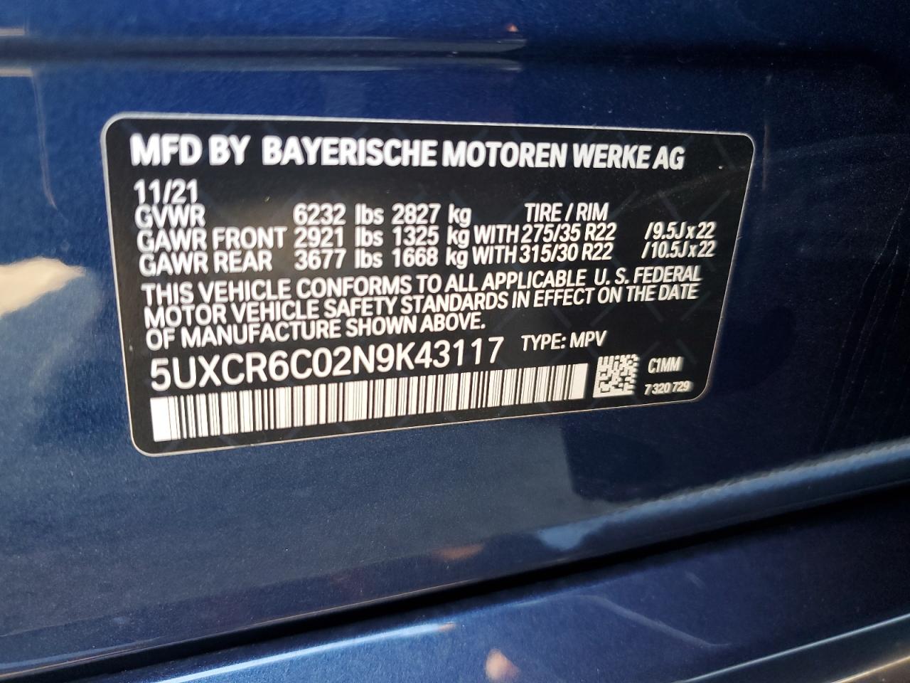 2022 BMW X5 XDRIVE40I VIN:5UXCR6C02N9K43117