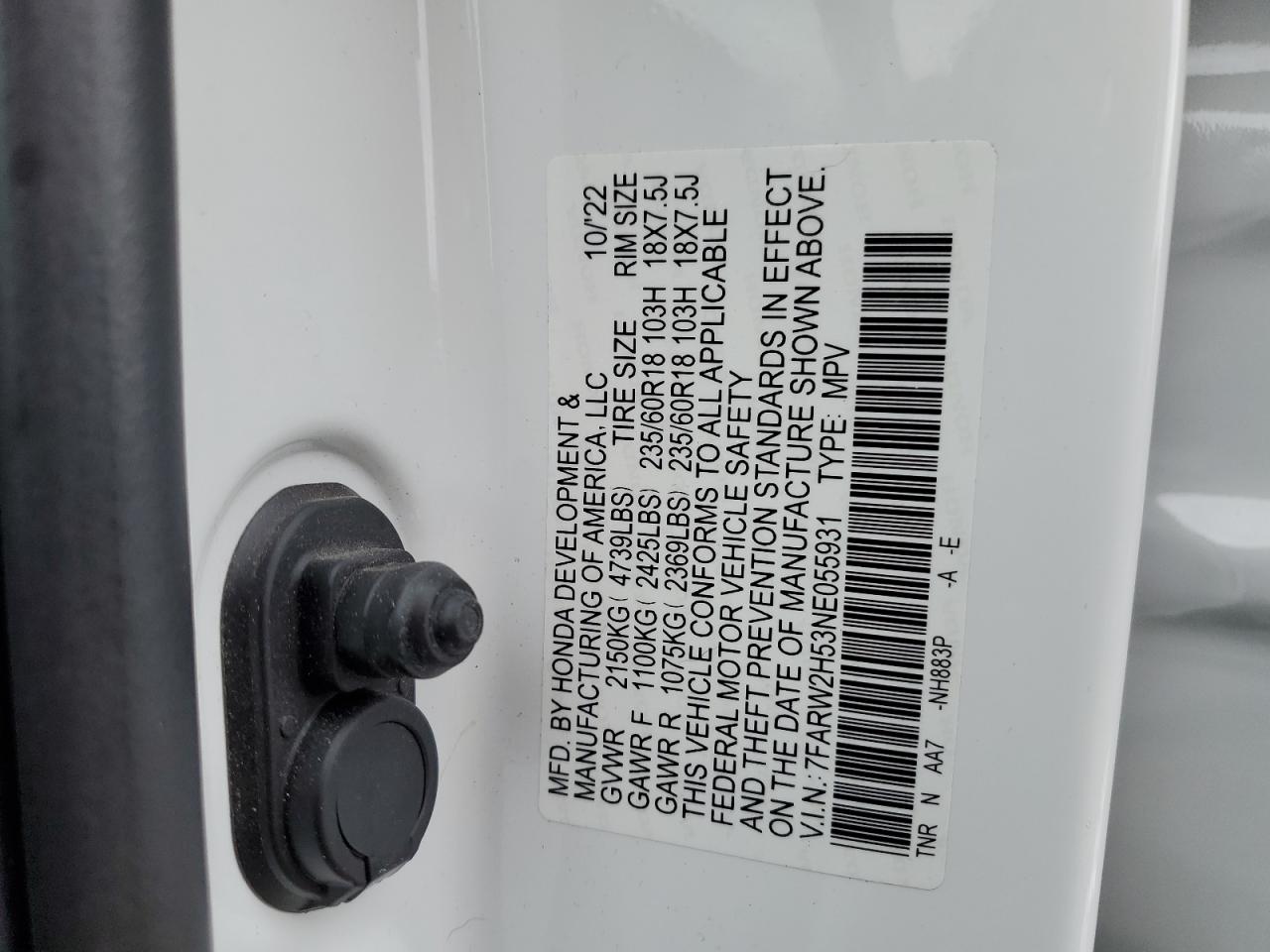 2022 HONDA CR-V EX VIN:7FARW2H53NE055931
