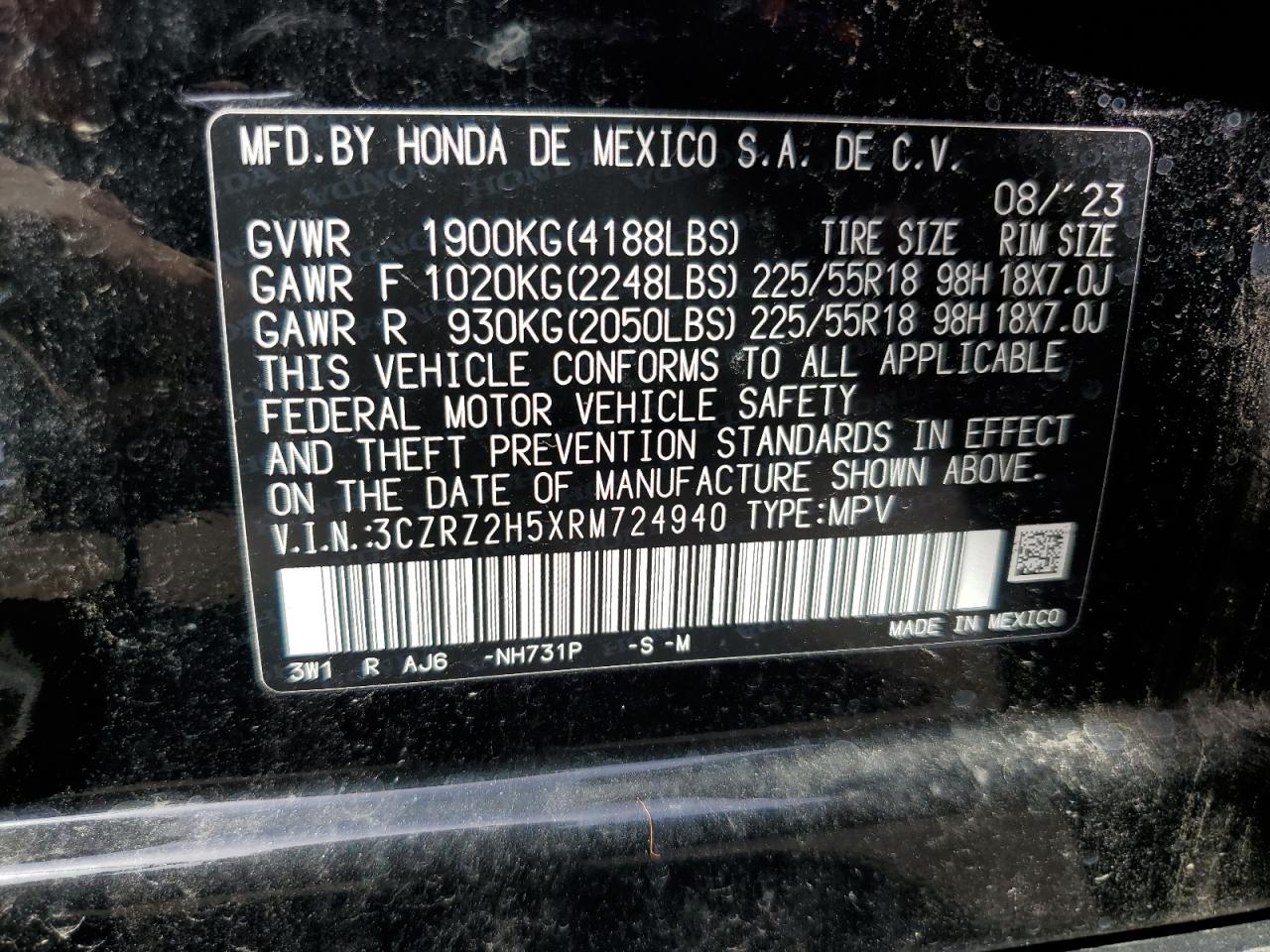 2024 HONDA HR-V SPORT VIN:3CZRZ2H5XRM724940