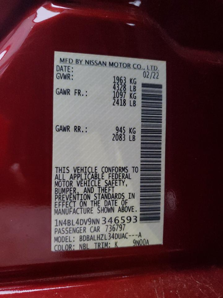 2022 NISSAN ALTIMA SV VIN:1N4BL4DV9NN346593