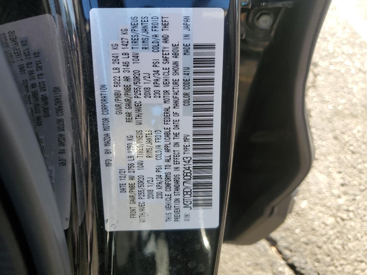 2022 MAZDA CX-9 GRAND TOURING VIN:JM3TCBDY7N0604143