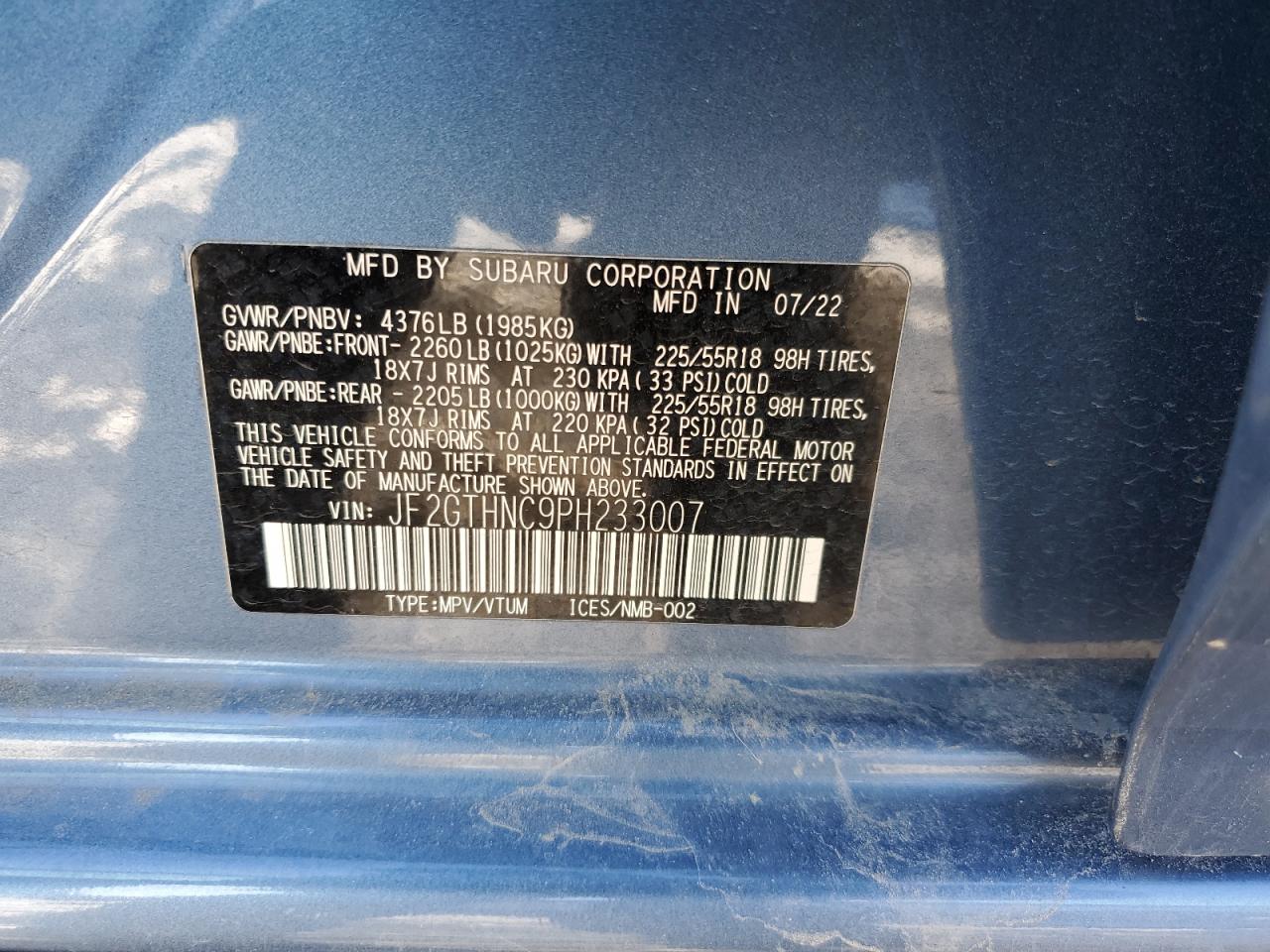 2023 SUBARU CROSSTREK LIMITED VIN:JF2GTHNC9PH233007