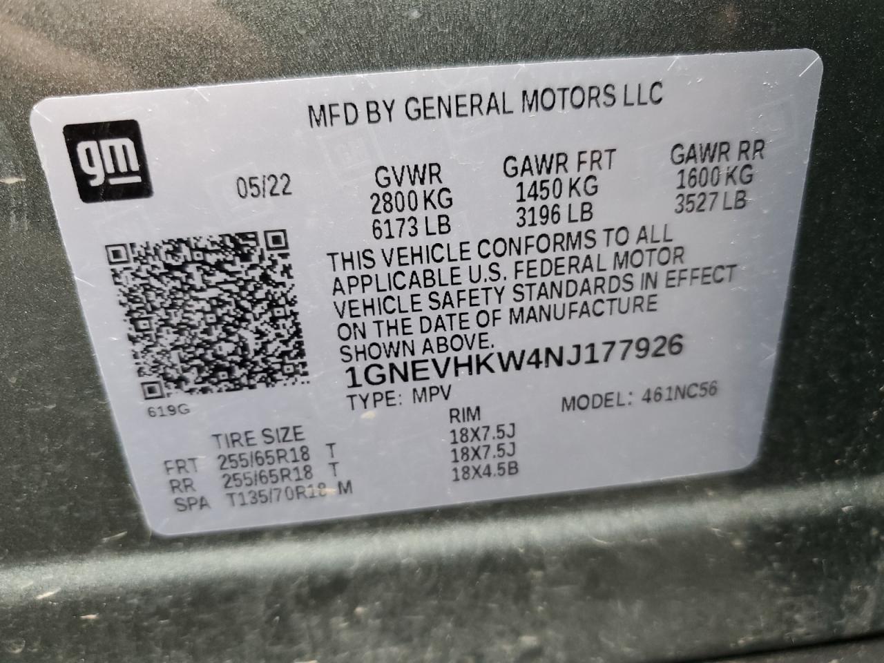 2022 CHEVROLET TRAVERSE LT VIN:1GNEVHKW4NJ177926