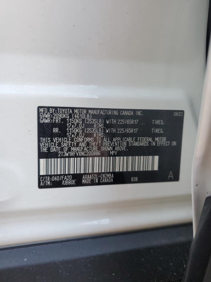 2022 TOYOTA RAV4 XLE VIN:2T3W1RFVXNC200886