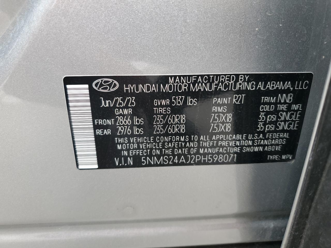 2023 HYUNDAI SANTA FE SEL VIN:5NMS24AJ2PH598071