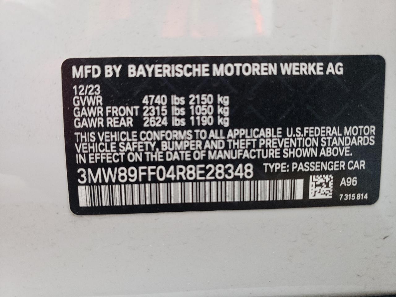 2024 BMW 330XI  VIN:3MW89FF04R8E28348