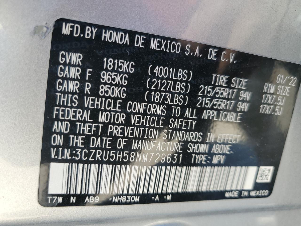 2022 HONDA HR-V EX VIN:3CZRU5H58NM729631